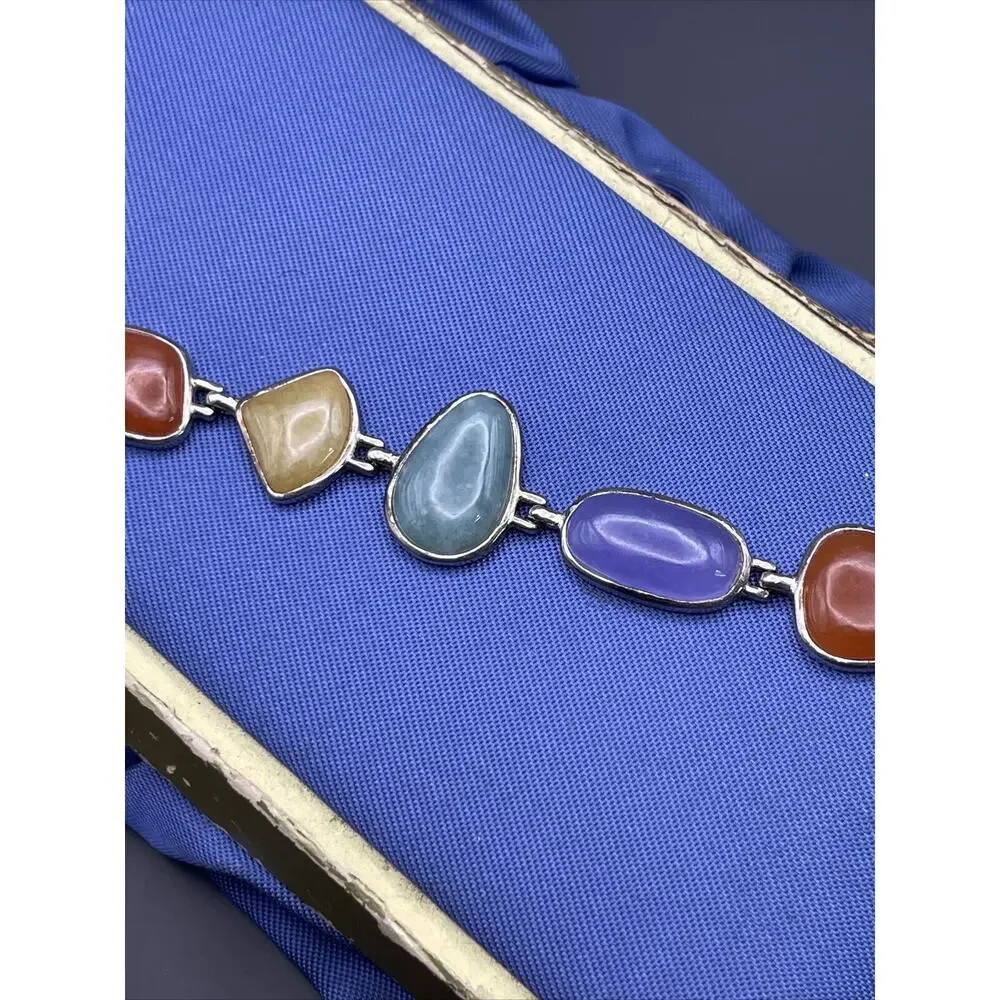 Sterling Silver Bracelet Jade Multi Color Green Purple Lavender Toggle HN China